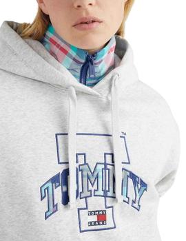 Sudadera Con Capucha Tommy Tartan Mujer Gris