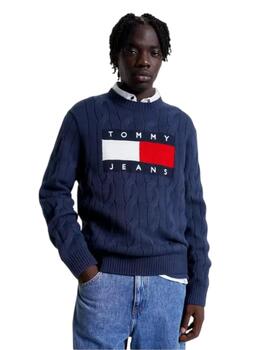 Jersey Tommy Rlx Flag Cable Hombre Azul